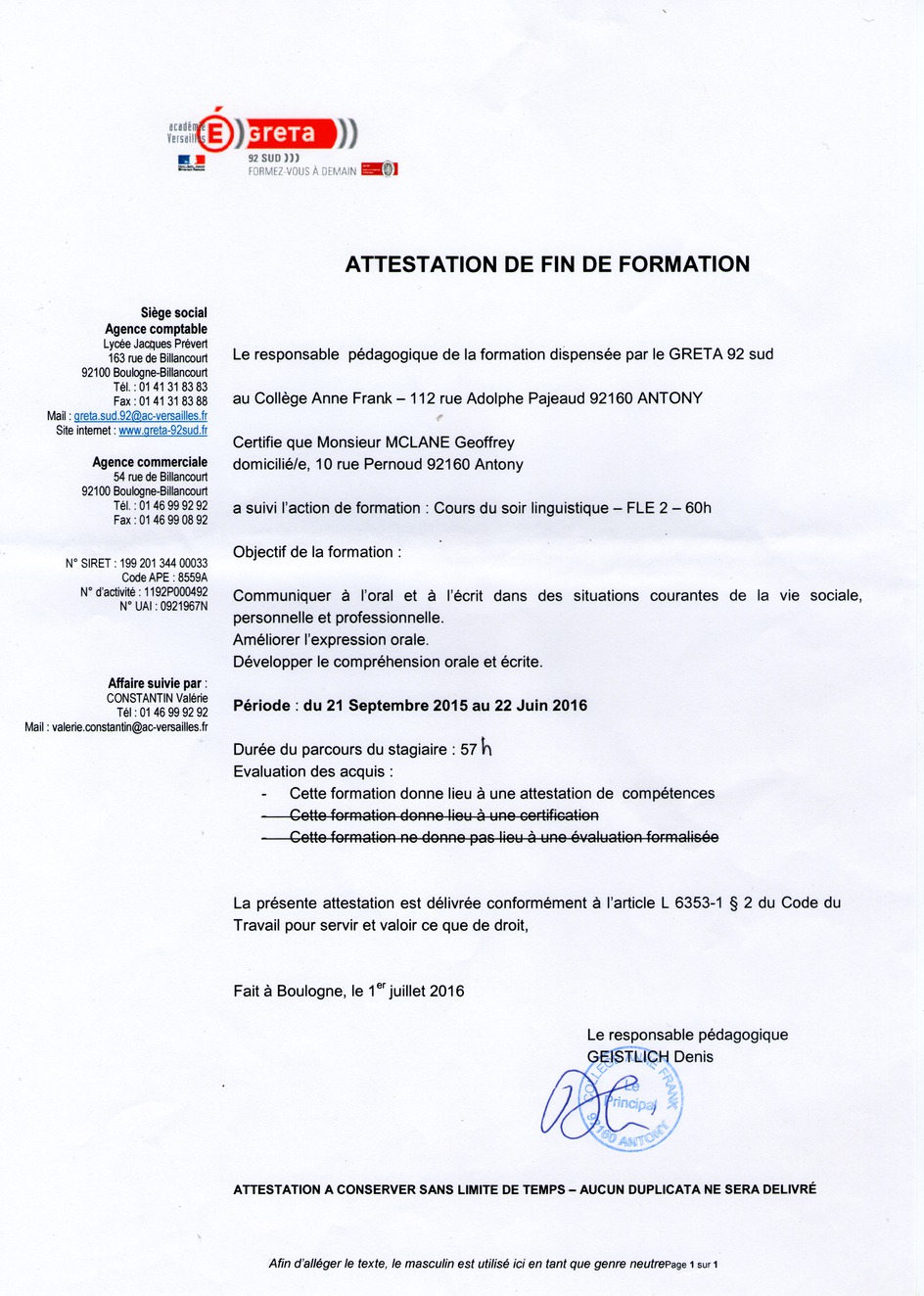 Attetation de fin de formation