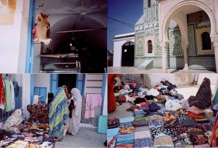 shock image of a cows head to advertise a butcher; a mosque, and the colourful stalls ...